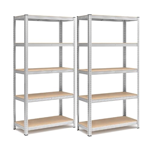 Set 2 Scaffali in Metallo 40x90x180 cm – Scaffalatura a 5 Ripiani Regolabili Senza Viti, Portata 875 kg Totale (175 kg per Ripiano) – Scaffale Salvaspazio Garage Cantina Officina con Ripiani in MDF