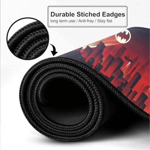 Image of Dark Vigilante Cityscape Desk Mat 58.5x28 cm Gaming Mouse Pad | Red Skyline Hero Design | Waterproof Surface, Anti-Slip Rubber Base, 2mm Thick Extended Mousepad for Laptop, Keyboard & Office Use