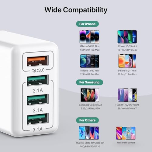 USB-oplader, 4-poorts USB-laadadapter met 33W Smart QC 3.0 snellader multi-poort-oplader compatibel met iPhone 12/13/14/15/16/Samsung Galaxy S22/S23/24 enz. - Afbeelding 3