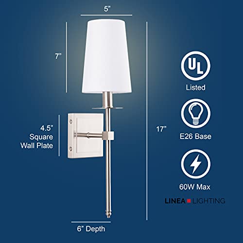 Linea-di-Liara-Torcia-Brushed-Nickel-Wall-Sconce-Wall-Lighting-with-White-Fabric-Shade-Modern-Bathroom-Wall-Sconces-Bedroom-Wall-Lamp-and-Hallway-Wall-Light-Fixtures-Indoor-Wall-Sconce-UL-Listed Linea di Liara Torcia Brushed Nickel Wall Sconce Wall Lighting with White Fabric Shade Modern Bathroom Wall Sconces Bedroom Wall Lamp and Hallway Wall Light Fixtures Indoor Wall Sconce UL Listed