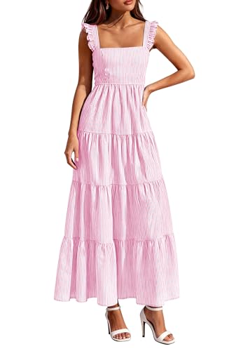 PRETTYGARDEN Womens 2026 Summer Casual Maxi Dresses Striped Square Neck Sleeveless Boho Flowy Sundress Beach Vacation Clothes