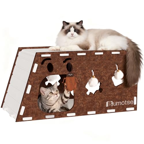 BUMOTSE Cat Bed Cave House for Indoor Cats, Quiet Felt Cat Tunnel Condo with Catnip Toy, Lightweight Easy to Move & Assemble, Scratch-Resistant Washable Pet Beds for Large Cats, Coffee