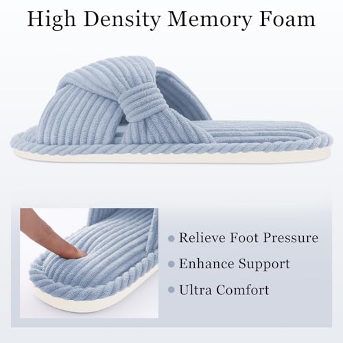 Image of Evshine Summer House Slippers for Women Corduroy Cross Bow Indoor Slippers Open Toe Slip On Bedroom Shoes with Memory Foam