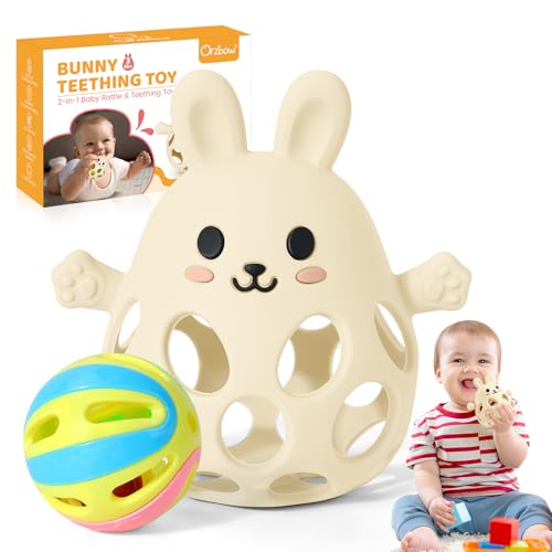 Orzbow Brinquedos para Crianças 0-3-6-12 Meses, Brinquedos Multiusos Montessori com um Chocalho, Mordedor Coelhinho Silicone com Design Vazado, Leves, Respiráveis, Fáceis de Agarrar e Limpar, Creme