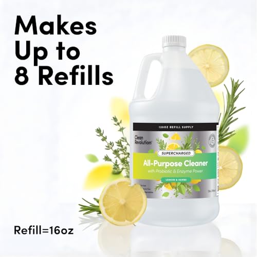 Image of Clean Revolution SuperCharged All Purpose Cleaner Refill with Smart Probiotic + Enzyme Complex, Multi-Surface Kitchen Bathroom & Floor Cleaner, Lemon & Herbs, 128 Fl Oz