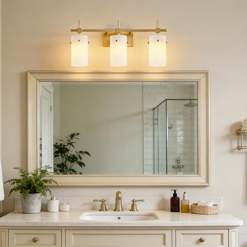 Image of SOLFART 3-Light Bathroom Vanity Light, Modern Brushed Gold Wall Lights with Milky White Clear Glass Shades, Bathroom Wall Sconce Lamp for Mirror Living Room Bedroom Hallway (Bulbs Not Included)