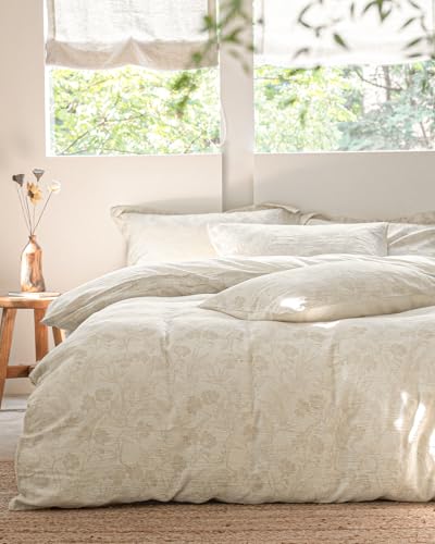 MILDLY Linen Cotton Duvet Cover - Garden Floral Jacquard Textured Comforter Cover Set 3pcs with...