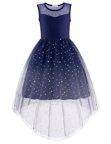 Image of Arshiner Girls Dresses Formal Party Wedding Tulle Sleeveless Contrast Mesh High Low Dress with Belt