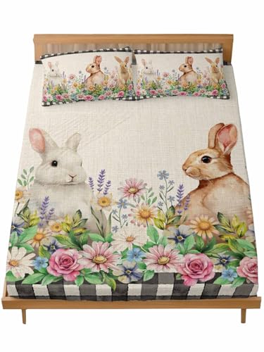 Easter Bunny Twin Fitted Sheet Set,Spring Flowers Leaves Cute Rabbits