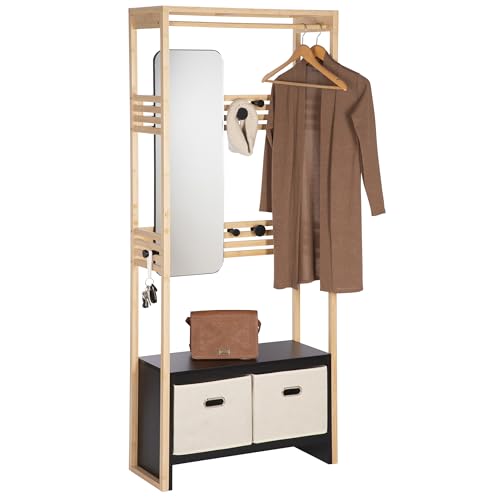ONVAYA® Bambus Garderobenständer mit Spiegel ǀ Beige ǀ Garderobe inklusive Kleiderstange, Haken, Aufbewahrungsboxen und Sitzbank ǀ zwei moderne Farbvarianten ǀ Garderobenschrank mit Spiegel