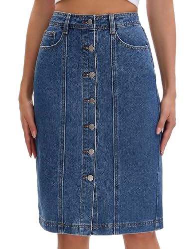CIMUK Women's Denim Skirt Button Down Pockets 2026 Western Midi Jean Skirts Blue L