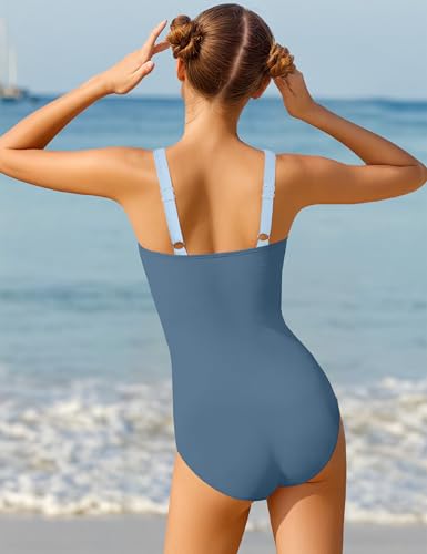 Girls Swimsuit Size 14-16 Girls One Piece Swimsuits Size 14 16 Color Block Square Neck Girl Bathing Suits Ruched Adjustable Straps Swimwear 15-16Y Blue4