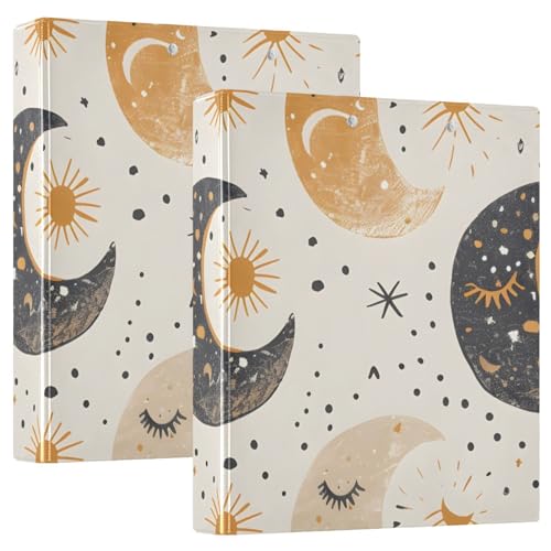 Image of 3 Ring Binder Boho Moon Phases Beige White 1.5 inch Binders Three Ring Binders with Clipboard Fit 8.5'' x 11'' Paper 3 Interior PVC Clear Pockets for Office Supplies