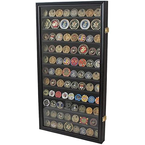 DisplayGifts Military Challenge Coin Display Case Poker Chips Holder Wall Cabinet Showcase Rack Black Finish Cover