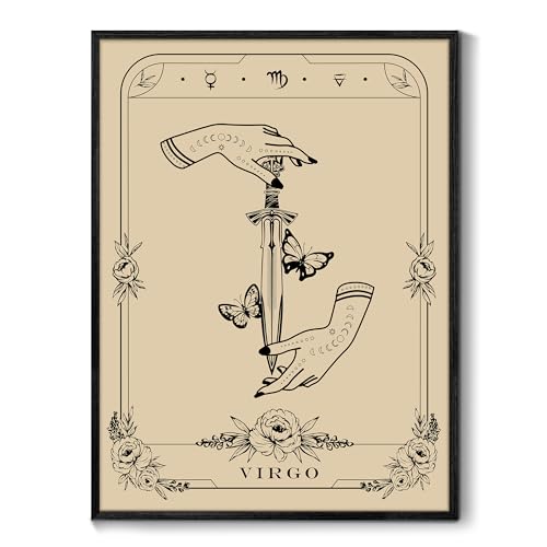 SERIMINO Witchy Framed Wall Art, Virgo Tarot Canvas Prints Paintings, Horoscope Dark Academia Home Decor Aesthetic, 16x24inch Gothic Wall Decor for Room