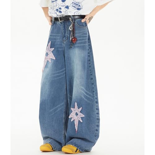 Vintage Casual High Waisted Baggy Star Jeans Y2K Cute Graphic Patchwork Design Straight Leg Denim Pants3