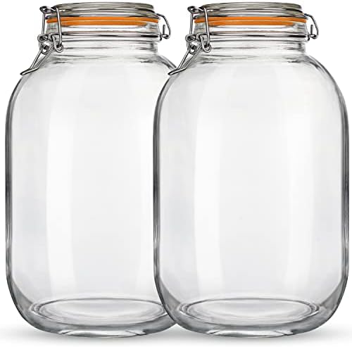 Qianfenie Glass Jars with Airtight Lids, 2 Pack - 1 Gallon Wide Mouth Mason Jars with Hinged Lids for Fermenting, Canning, Preserving - Storage Jar with 1 Replacement Silicone Gaskets