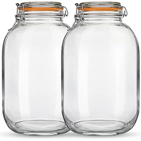 Qianfenie Glass Jars with Airtight Lids, 2 Pack - 1 Gallon Wide Mouth Storage Mason Jars with Hinged with 1 Replacement Silicone Gaskets for Fermenting, Canning, Preserving Cover