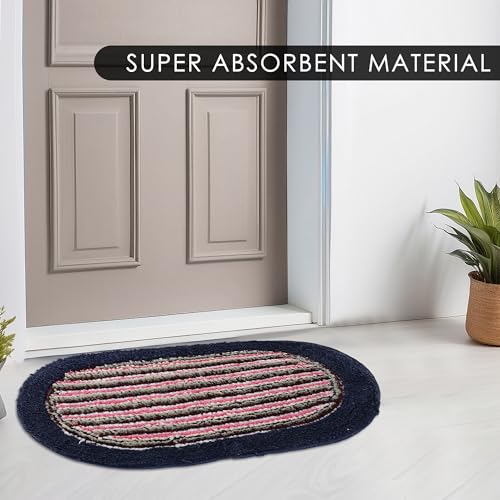 Image of Urbane Home Pack of 3 Water Absorbing Bathroom Mat | Oval Anti-Slip Door Foot Mats for Home Decor & Kitchen Floor Perdan | Lining Design -Blue