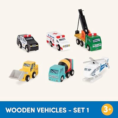 Battat Wood Cars for Kids 6 Pieces Toy Vehicle Set Mini Rescue & Construction Vehicles Toddler Truck Toys 3+ Years Wooden Vehicles Set 1