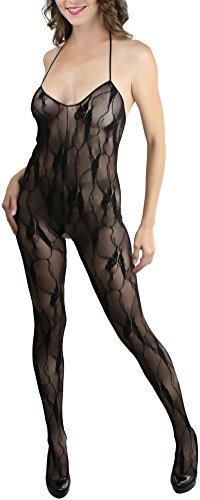 Image of ToBeInStyle Women's Bodystocking Crotchless Peek-A-Boo Fishnet Lace Bodysuit