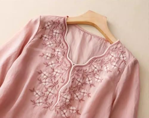 Image of RIEKA Womens Elegant Beige Floral Embroidered Tunic Top with Scalloped V Neck, Elbow Length Sleeves, Relaxed Fit, Lightweight, Casual Ethnic Style Top