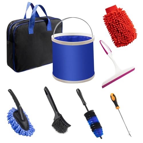 Kazaigou 8PCS Car Wash Cleaning Kit, Car Detailing Set with Storage Bag,Collapsible Bucket, Wash Mitt, Tire Brush, Window Scraper, Duster and Stone Remove Hook, Complete Interior Exterior Car Care Kit