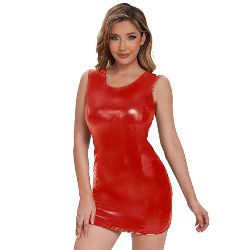 xokesy Damen Sexy Lederkleid, Wetlook PU-Leder, midi Neckholder-Lederrock, glänzendes ärmelloses Minikleid, figurbetontes Kleid Reizwäsche...