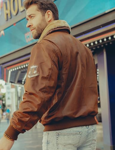 FLAVOR Men's Real Leather Bomber Jacket with Removable Fur Collar Aviator2