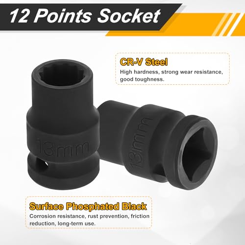 Image of HARFINGTON 2pcs 1 /2 inch Drive x 13mm Shallow Impact Socket 12-Point Metric CR-V Steel Spindle Nut Impact Flip Sleeve for Home Auto Nuts Bolts Repair