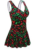 AONTUS One Piece Skirted Full Busted Tummy Control Swimsuits with Removable Cups Torrid Swimdress Cherry Print Boy Shorts 3XL