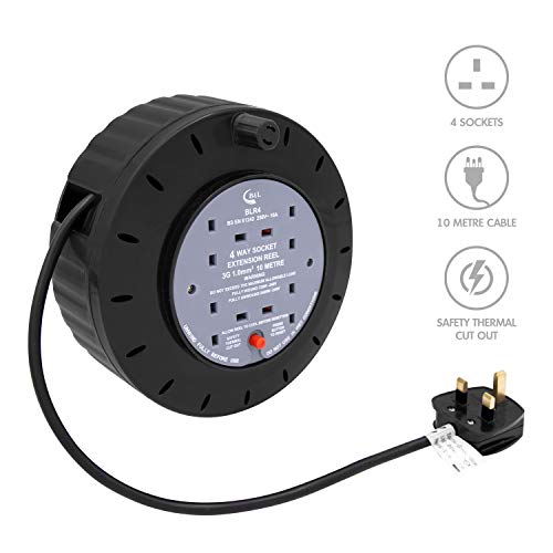 Benross 48270 10m Cable Reel Extension Lead / 4-Way Extension Cable/Ideal for Home, Office or Commercial/Safety Cut-Off Switch / 4 UK Plug Sockets / 240V AC, 10 Amps