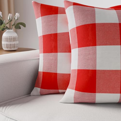 Image of Encasa XO Farmhouse Throw Pillow Covers Set of 2 (18x18 in) Buffalo Red Checks | Decorative Cushion Covers No Inserts | Plaid and Stripes Pillow Covers for Living Room, Couch