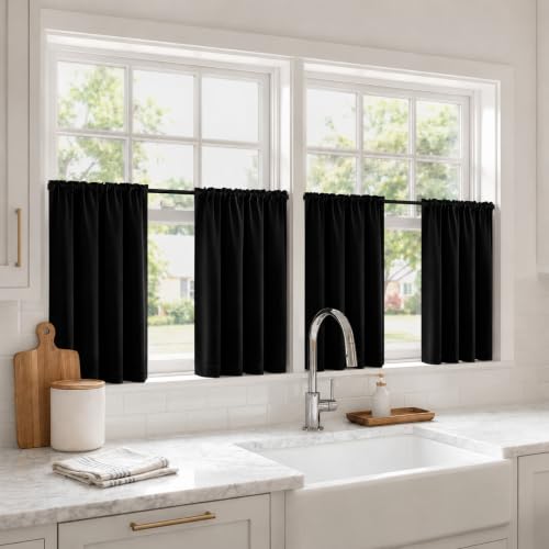 Image of MIULEE Short 45 Inch Blackout Kitchen Window Curtains Black Set of 4 Panels | Light Blocking Bedroom Drapes, Room Darkening Thermal Insulation, Rod Pocket Short Curtains Small Windows, Privacy Protection