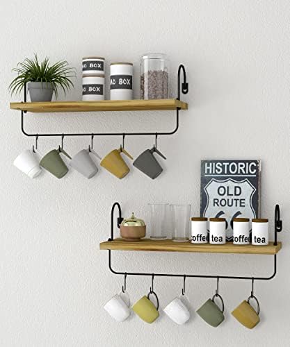 Petrala Wooden Wall Shelf Coffee Bar Kitchen Shelf Floating Shelves Set of 2 Wall Shelves with Towel Holder Hooks Rustic Vintage Industrial Design Hanging Shelves for Bathroom Living Room Cup Shelf