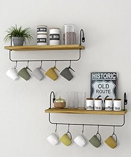 Petrala Wooden Wall Shelf Coffee Bar Kitchen Shelf Floating Shelves Set of 2 Wall Shelves with Towel Holder Hooks Rustic Vintage Industrial Design Hanging Shelves for Bathroom Living Room Cup Shelf