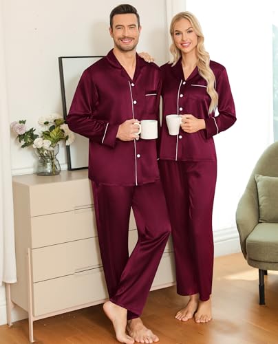 SWOMOG Matching Family Pajama Set Womens/Mens Long Sleeve Sleepwear Satin Silk Loungewear for Couple Button Down Pjs Set3