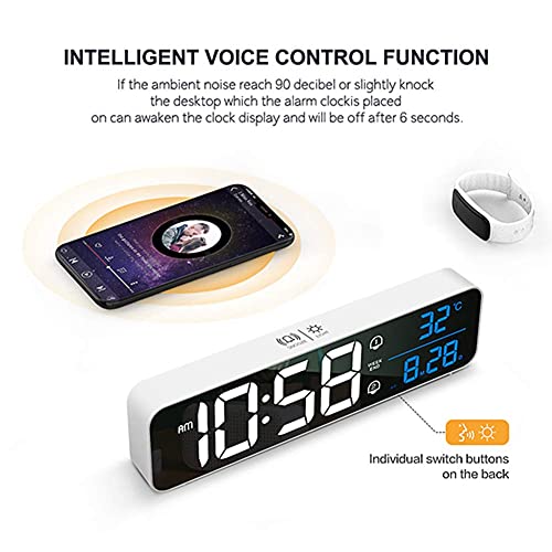 Digital Clock, Digital Clock Large Display, Led Digital Alarm Clock For Living Room, Rechargeable, Sound-Activated, Snooze, Date &Temp Display Digital Wall Clocks, For Bedroom Kitchen Office, White #TOP2