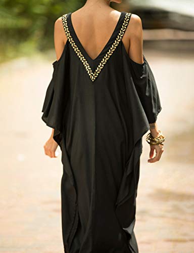Bsubseach Women Cold Shoulder V Neck Plus Size Bikini Swimsuit Cover Ups Beach Maxi Dress Black #TOP5