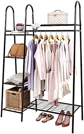 BOFENG Black Metal Coat Rail Clothes Rail Stand Garment Rack With Shelves Heavy Duty Indoor Bedroom Clothing Hanger