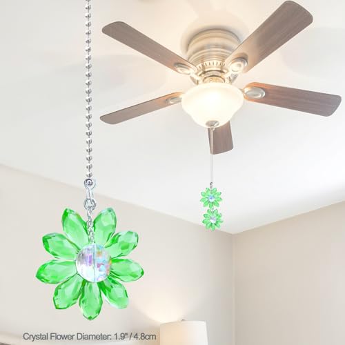 Image of LEFERS Ceiling Fan Pull Chain, 2 Pieces 1.8 inch Crystal Glass Flower Pendants with 24 inch Ceiling Fan Chain Extender and Connector (Green)