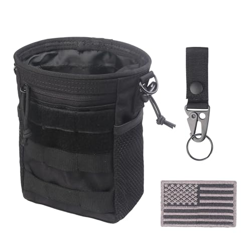 XTACER Molle Dump Pouch, Recycled Storage Drawstring Packs Magazine Bag for Range Shooting, Tactical Duty Belts, with USA Flag Patch and Belt Keychain (Black)