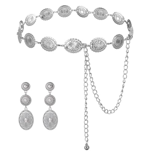 Western Belt & Western Earrings Set Metal Concho Belt Oval Vintage Cowgirl Waist Chain Belts