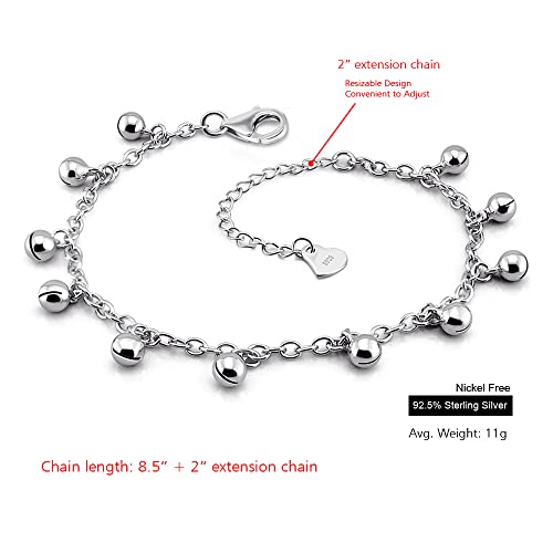 Meilanduo 925 Sterling Silver Jingle Bells Bead Chain Charm Bracelet/Anklet, Dual Purpose Of Anklet & Bracelet - Up To 10.5" Inch - For Women Girls Teens #TOP2