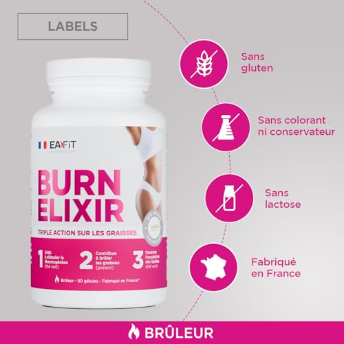 EAFIT MINCEUR - Burn Elixir - Bruleur de graisse puissant - Oxydation des Graisses - Cafeine - Piment - Poivre noir - Chrome - Choline - Thé vert - Adapté au sport - Marque Française - Végétarien - 90 Gélules – vue 5