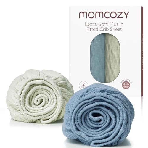 Image of Momcozy Muslin Standard Fitted Crib Sheets, 52"x28", 2 Pack Soft Breathable Natural Cotton Baby Mattress Sheet, 360° Mattress Wrapping No Slip Boys Girls Neutral Toddler Bed Sheet, Sky Realm Blue Grey