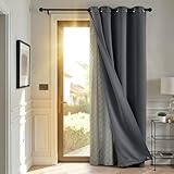 TOPICK Full Blackout Grey Curtains 90 Inch Drop with Removable Thermal Lining, Thick Microfiber Sunlight Blocking Lined Door Drapes, Windproof Curtain for Living Room, Bedroom, W52 x L90 Inch, 1 Panel