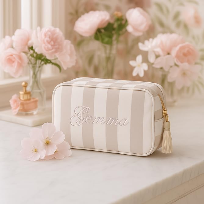 Threadart Personalized Striped Cosmetic Bag with Embroidery - Beige Stripes – Custom Name on Makeup & Toiletry Pouch for Travel, Gifts, Bridesmaids, Moms & Daughters – 10"x6"x4"