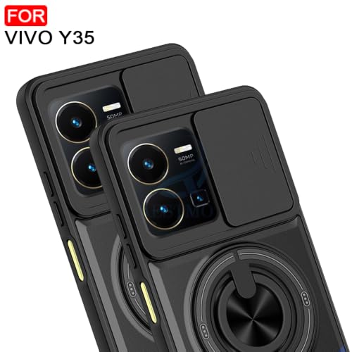 Image of AESTMO Vivo Y35 Back Cover | Armor Camera Slider 360 Degree Rotating Finger Ring Holder Case with Bracket Stand Back Case Cover (Compatible with MagSafe Accessories) (Black)