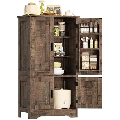 43”H Pantry Cabinet with 4 Doors, Kitchen Cabinet with 6 Door Shelves